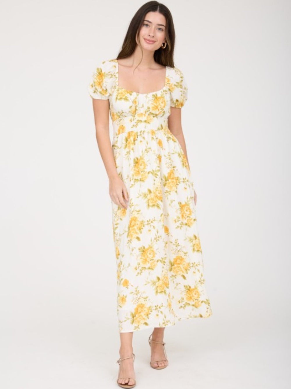 Floral Ruched Bust Puff Sleeve Midi Dress